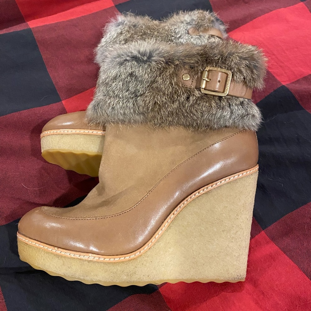 Tory Burch Andrea Rabbit Fur Cuff Wedge Booties - Sz. 11